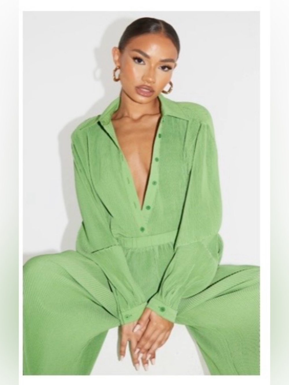 Pretty Little Thing - Green Pleated / Plisse Button-Up Shirt